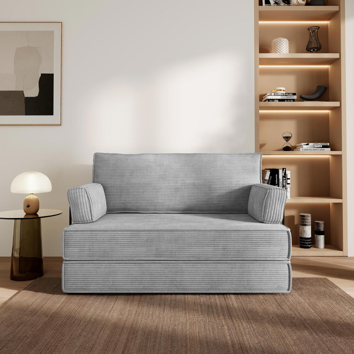 BETTSOFA LADIA aus Schaumstoff Cordstoff Hellgrau Schlaffunktion - Hellgrau, Textil (140/86/60cm) - MASSENO