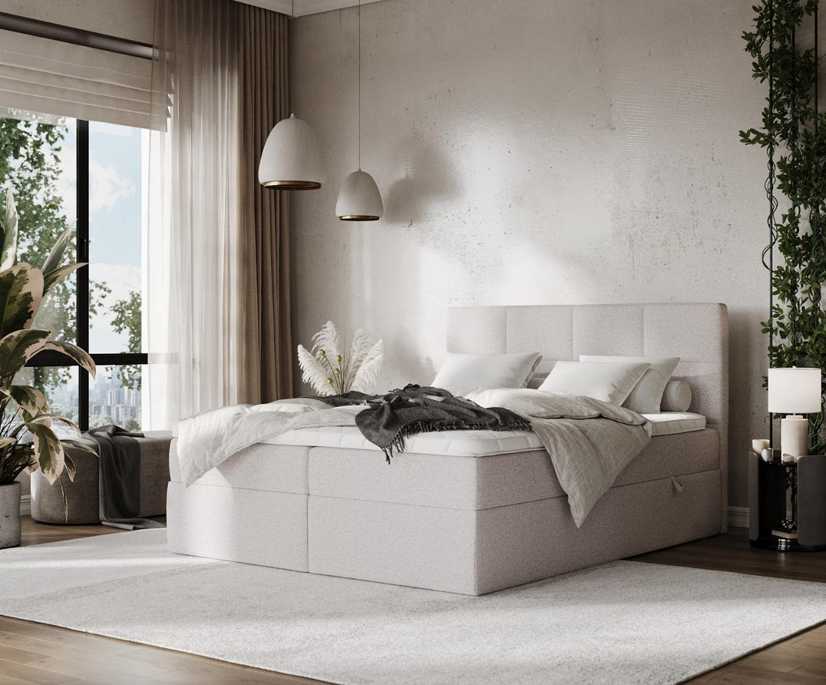 BOXBETT Oris 140/200 cm Beige im Riva Stoff - Beige/Schwarz, Holz/Holzwerkstoff (140/200cm) - AltaBeds
