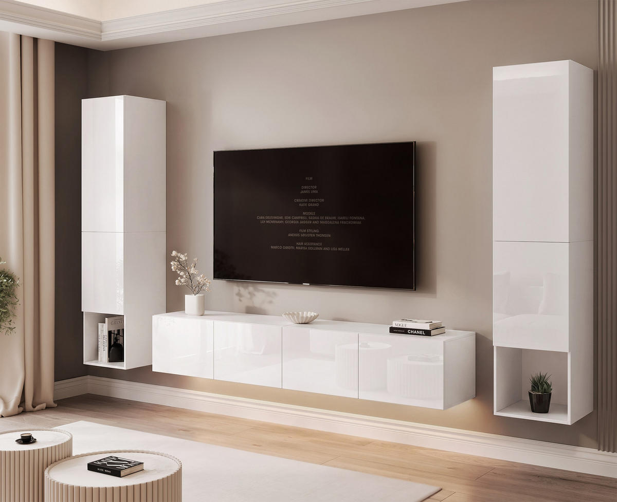 WOHNWAND ANGEL LINE II 3-teilig, mit LED-Beleuchtung, Weiß Hochglanz - Weiß Hochglanz, Holzwerkstoff (280/180/40cm) - Idohome