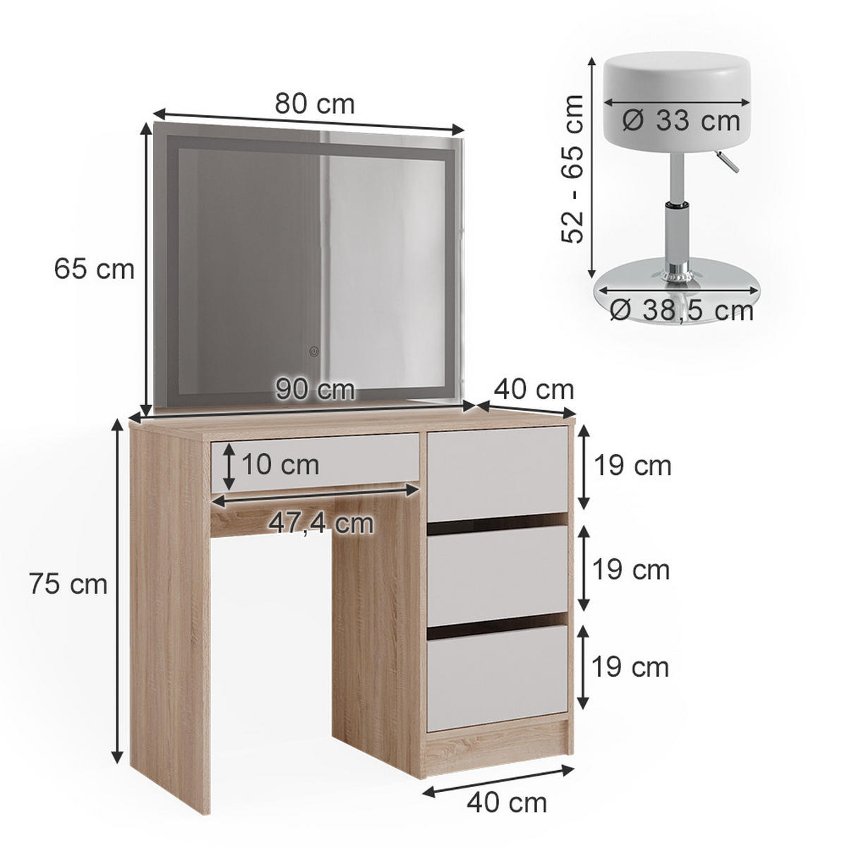SCHMINKTISCH Sherry Sonoma 90 cm mit LED-Spiegel und Hocker - Weiß/Sonoma Eiche, Holzwerkstoff (90/75/40cm) - Vicco