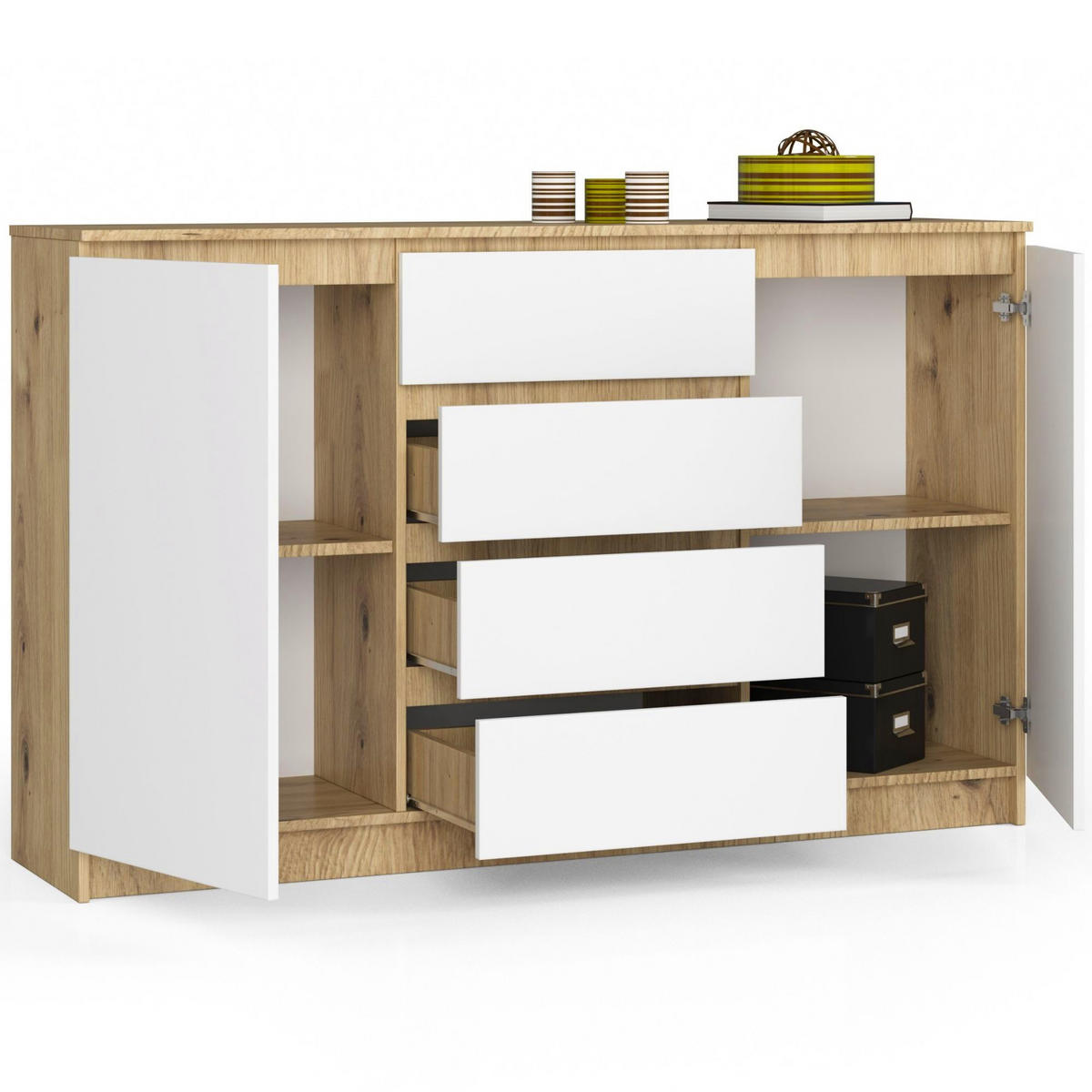 KOMMODE Eiche Artisan, Weiß 160x40x99 cm - Weiß/Eiche Artisan, Holzwerkstoff (160/99/40cm) - Akord