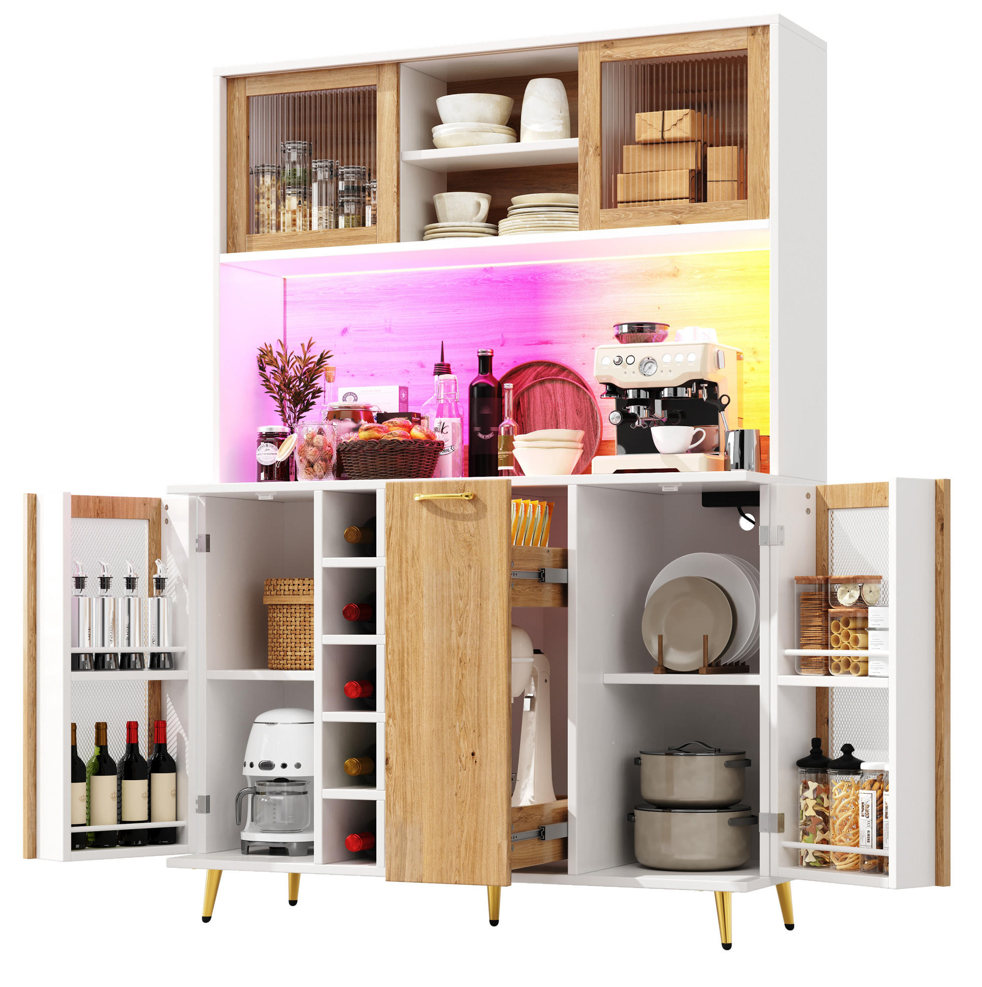 BUFFETSCHRANK mit LED und Weinregal 120 x 40 x 170 cm Weiß Holzoptik - Weiß, Holzwerkstoff (40/170/120cm) - Meubliv