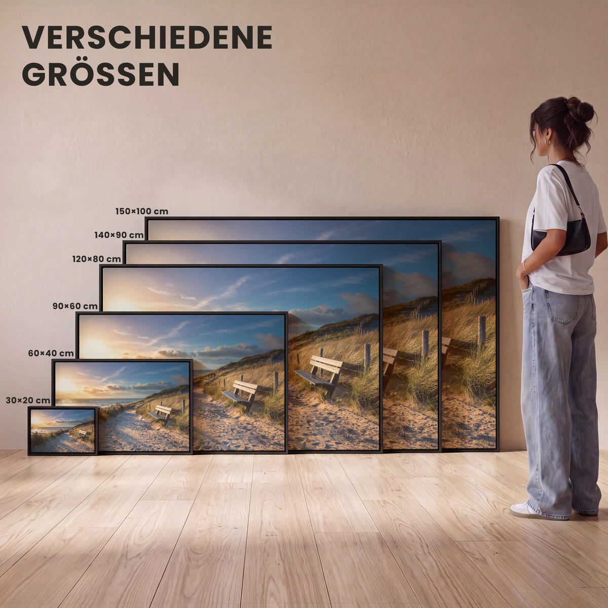 LEINWAND Bilder mit Rahmen - Sonnenuntergang - Strand - Düne - Gras - Ufer - 30x20 - Sandfarben, Textil (30/20cm) - MuchoWow