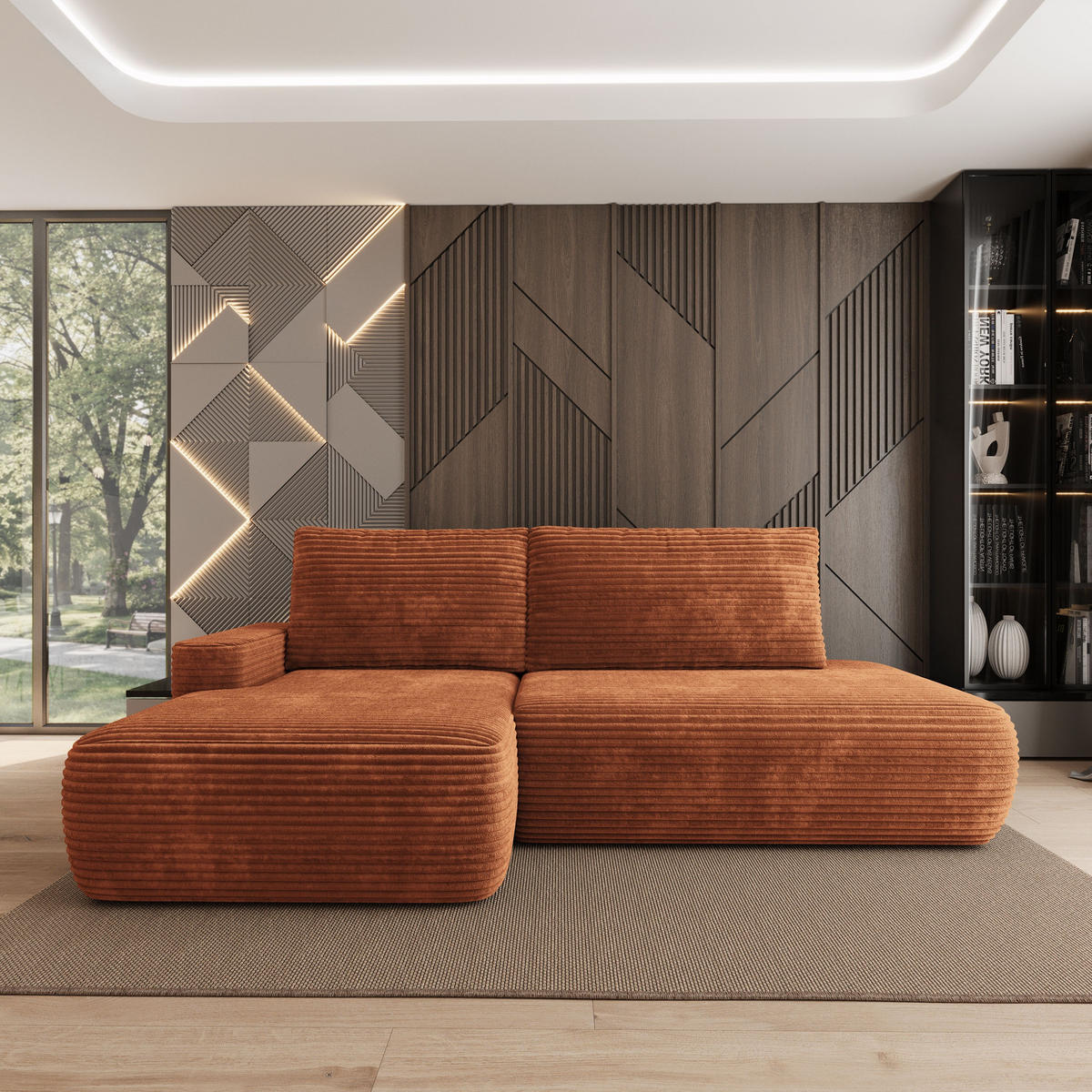 ECKSOFA AVINI T L-S Braun Kordstoff mit Schlaffunktion - Braun, Holzwerkstoff/Textil (277/160cm) - MASSENO