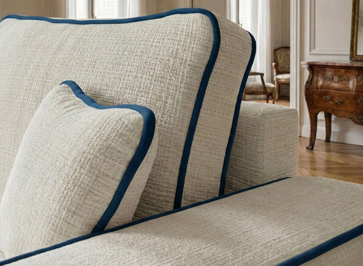 ECKSOFA MIT SCHLAFFUNKTION Modo Ecru-Dunkelblau Chenille-Stoff - Links Seite - Ecru/Schwarz, Holz/Holzwerkstoff (185/294cm) - Maison de Reve