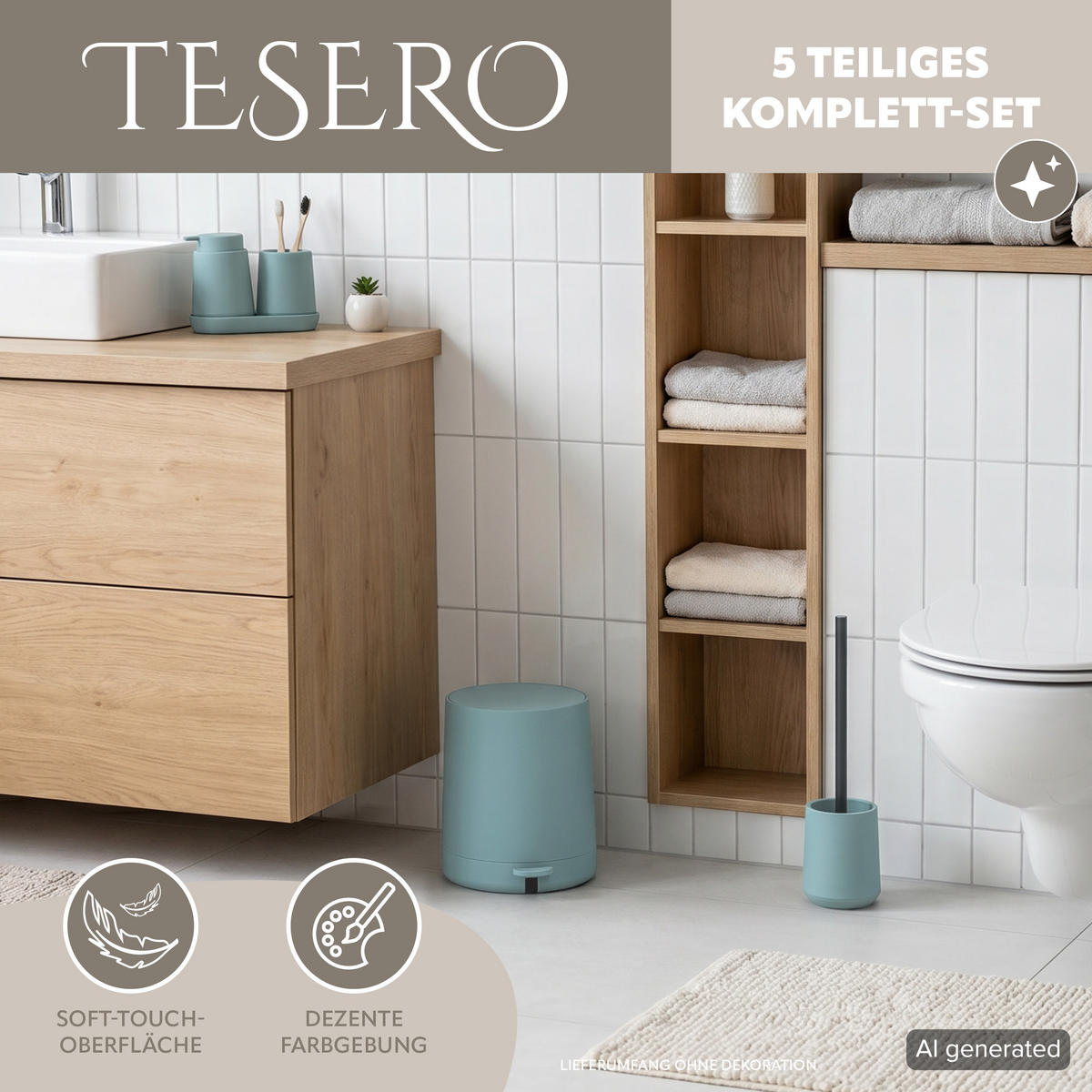BAD-ACCESSOIRES-SET TESERO, Soft-Touch, hellblau - Hellblau, Kunststoff (22.5/25.5/25cm) - eluno