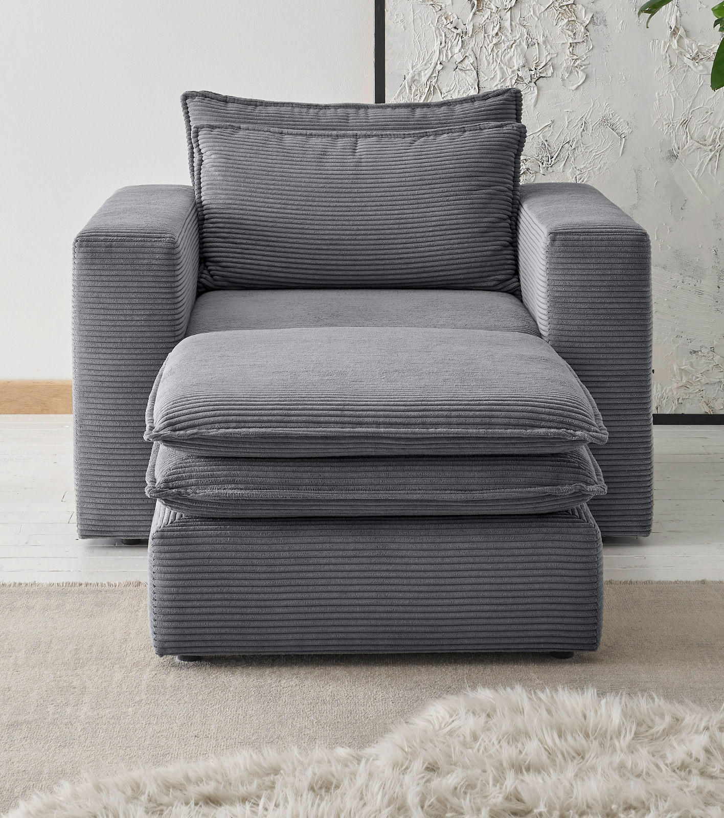 LOVESEAT Set grau Cord, Loungesessel inklusive Hocker - Beige/Grau, Holz/Kunststoff (110/83/161cm) - Furn.Design