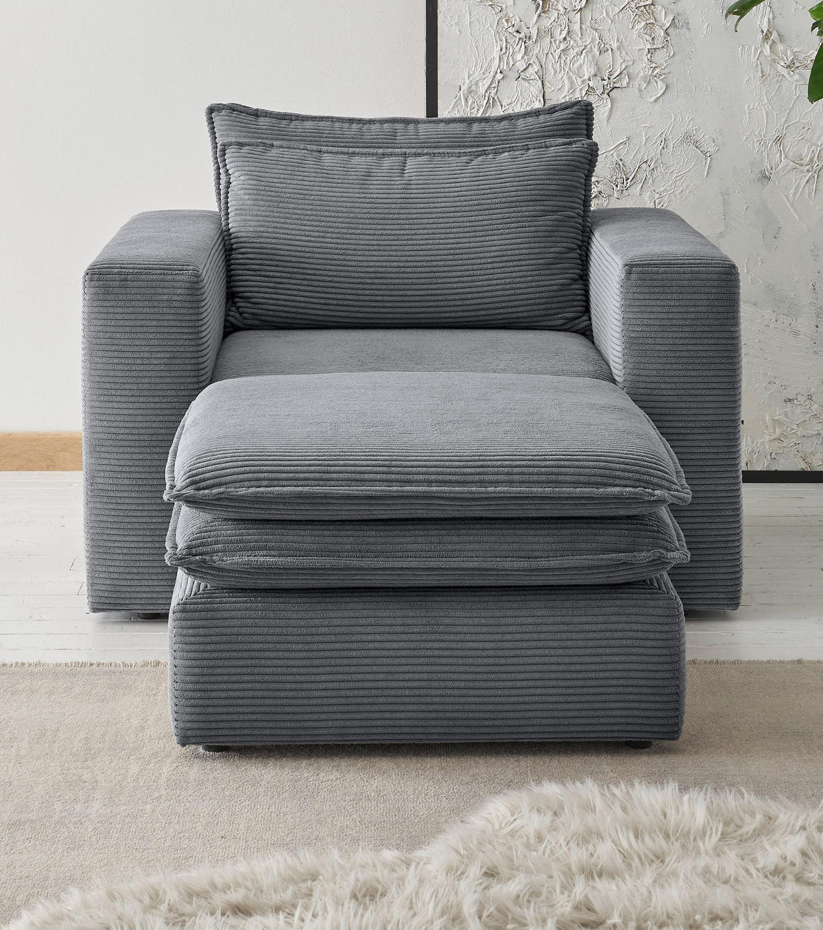 LOVESEAT Set grau Cord, Loungesessel inklusive Hocker - Beige/Grau, Holz/Kunststoff (110/83/161cm) - Furn.Design