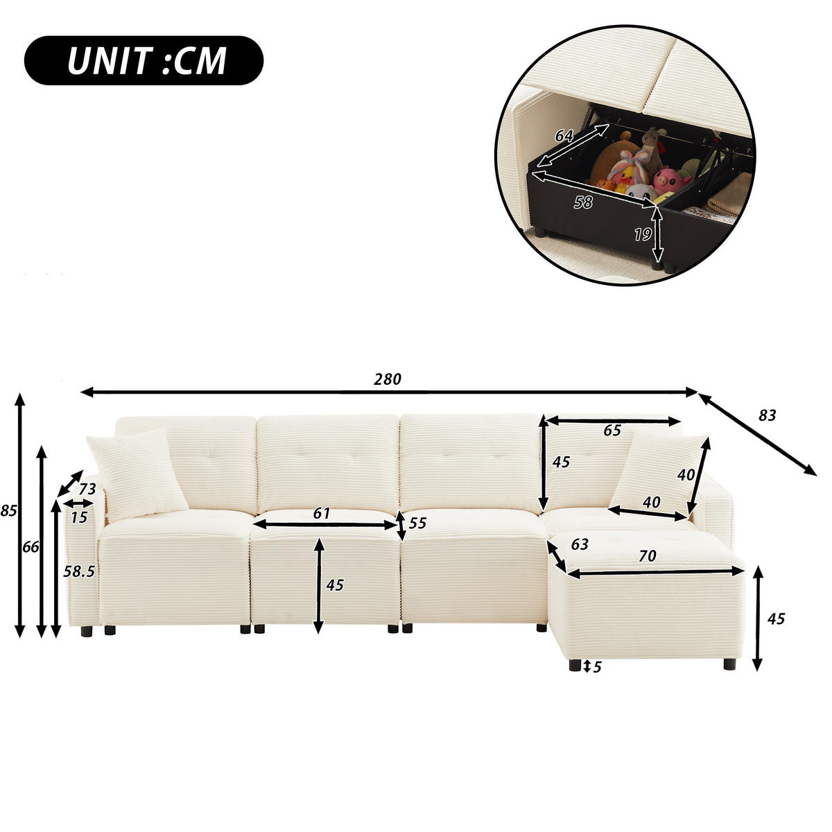 SOFA, 4-Sitzer, Stauraum, Hocker, Beige, 280x146x85cm - Beige, Textil (146/280cm) - FLIEKS