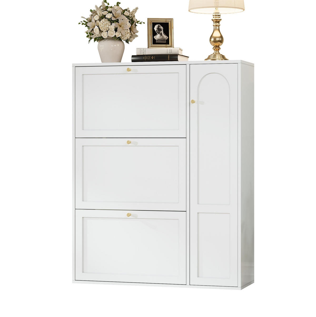 SCHUHSCHRANK 25/90/114 cm aus MDF und Spanplatte mit 3 Klappen, 1 Tür und verstellbaren Trennwänden, Weiß - Weiß, Holzwerkstoff (90/114/25cm) - Redom