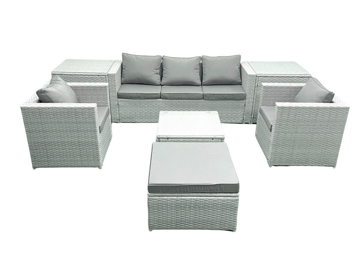 GARTENMÖBEL-SET mit Kissen Polyrattan Hellgrau-Mix 6-Sitzer - Hellgrau/Grau, Glas/Kunststoff - Fimous