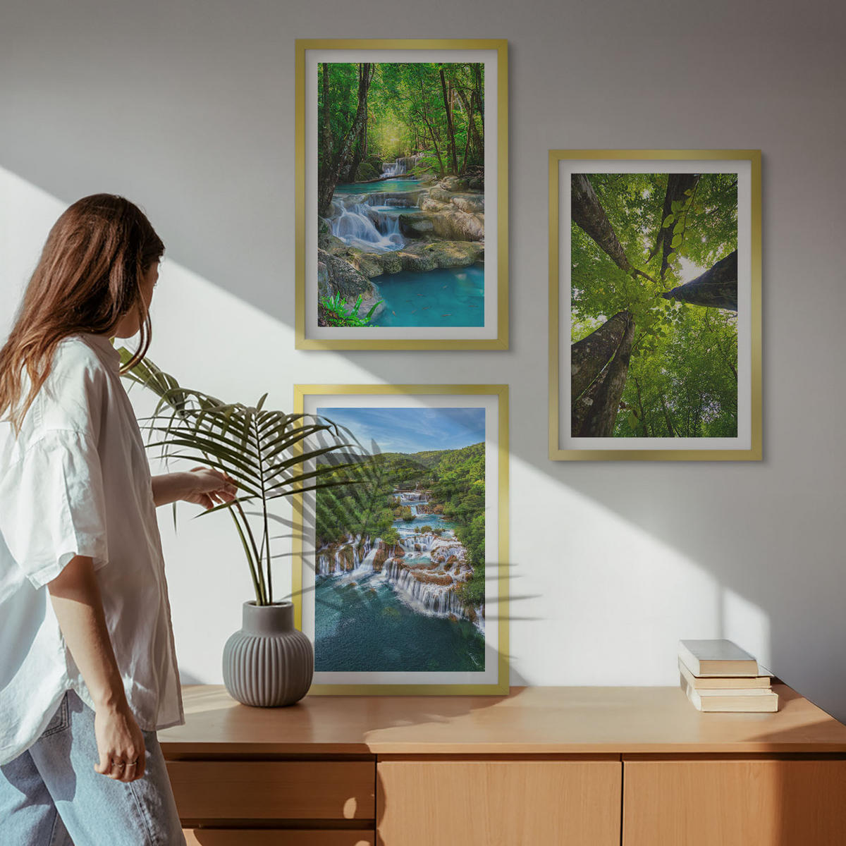 BILDER SET 3er Set - 40x60 cm Goldrahmen - Wasserfälle grüner Wald Wasser - Goldfarben, Kunststoff (40/60cm) - TULUP