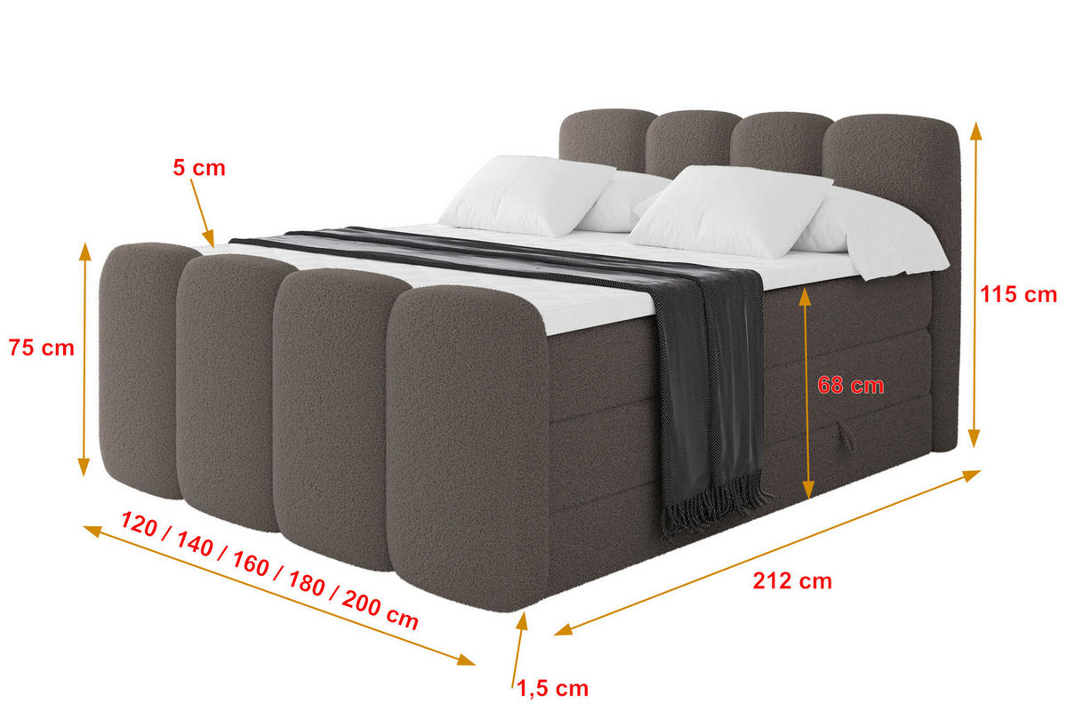 BOXSPRINGBETT mit Matratze H3/H4 - NINA-Z KING - 160x200 cm Braun - Braun, Holzwerkstoff (160/200cm) - ALTDECOR