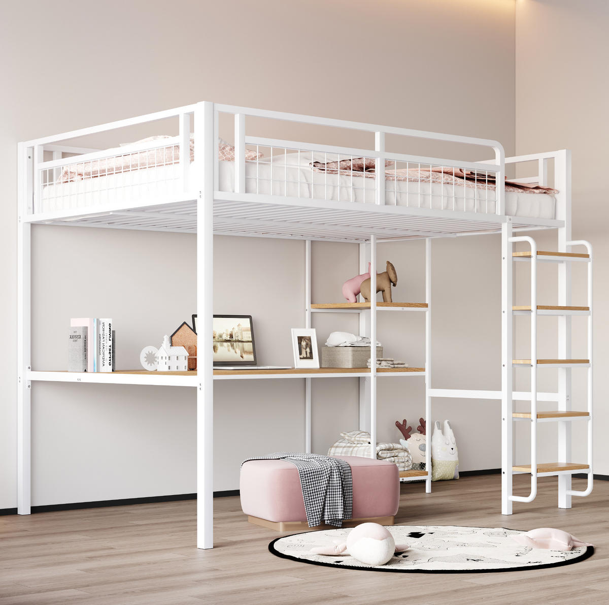 HOCHBETT 140/200 cm Weiß aus MDF und Metall mit Tisch und Regal - Weiß, Metall (140/200cm) - OKMYHOME