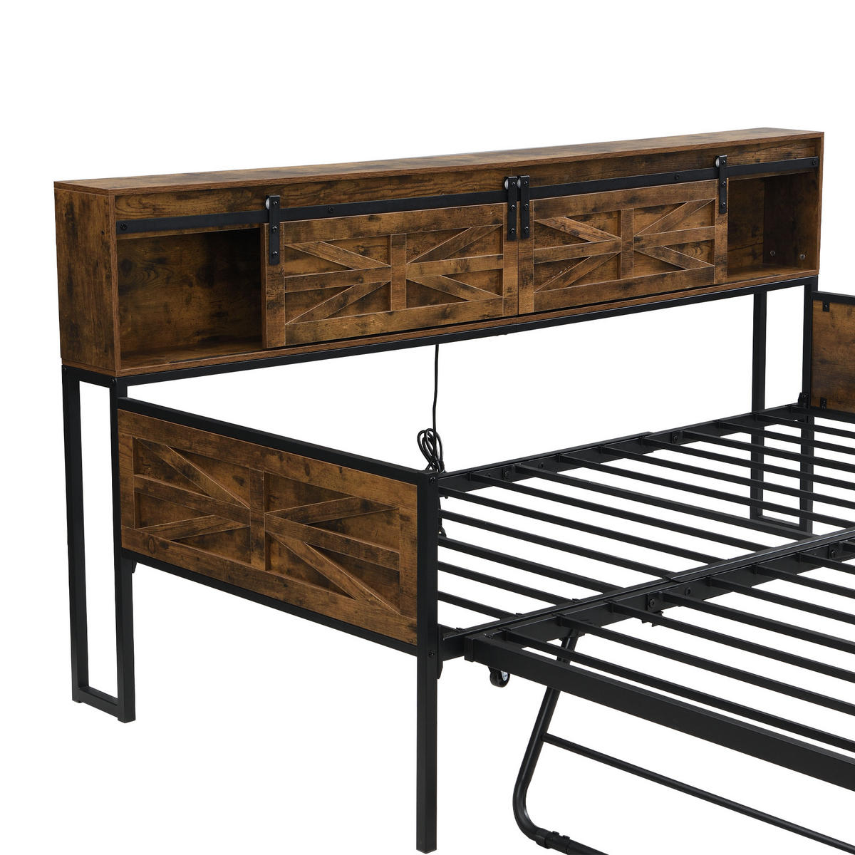 AUSZIEHBETT 90x200cm mit multifunktionalen Steckdosen，Schwarz + Braun - Braun, Holz/Metall (90/200cm) - KOMHTOM