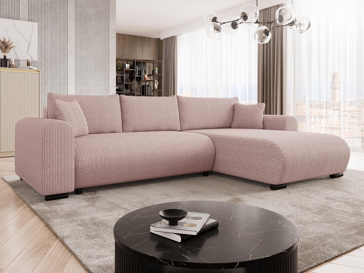 ECKSOFA Merkos Cord - Hellrosa/Schwarz, Holz/Textil (285/188cm) - MIRJAN24