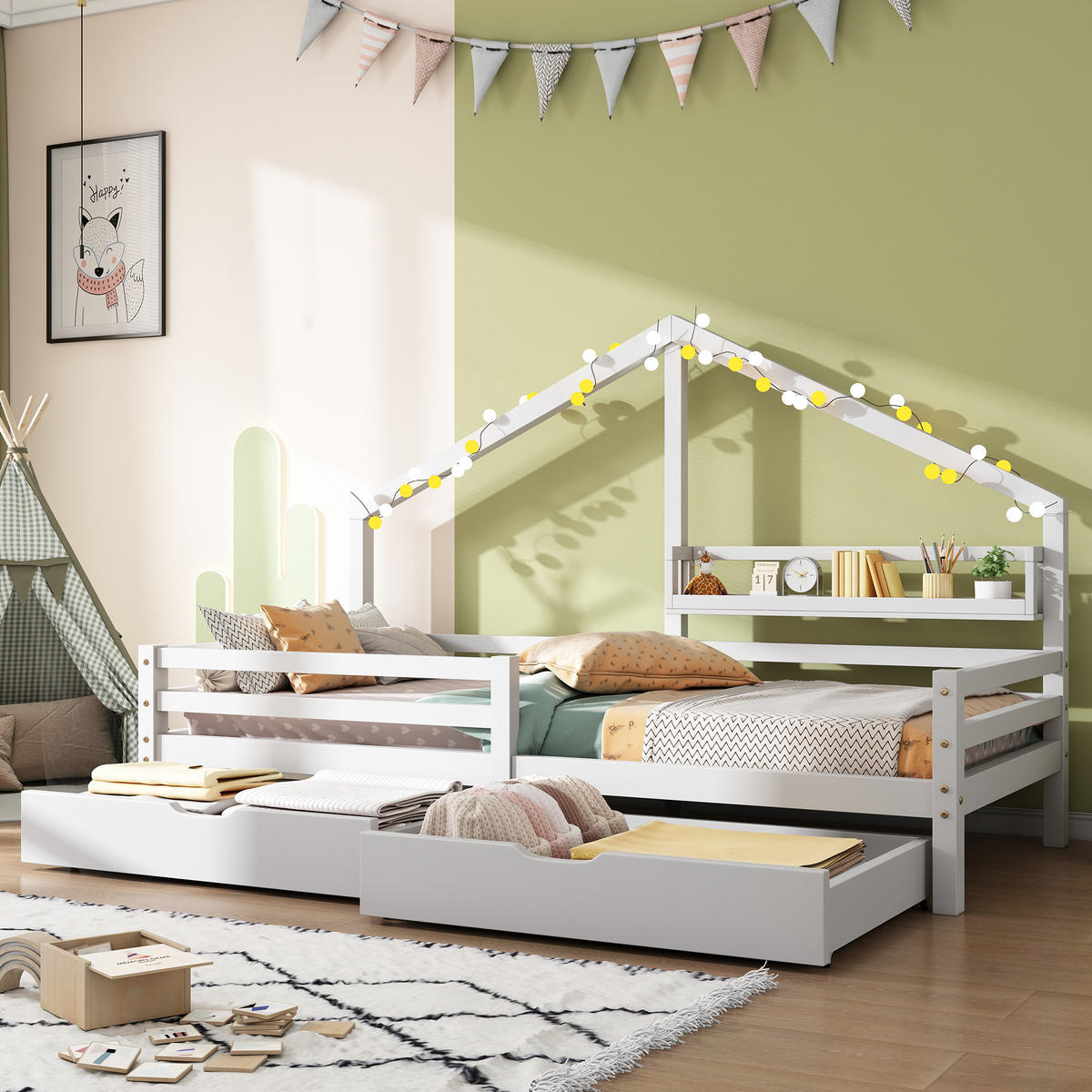 HAUSBETT 90/200 cm Weiß mit Schubladen aus Kiefernholz - Weiß, Holzwerkstoff (90/200cm) - OKWISH