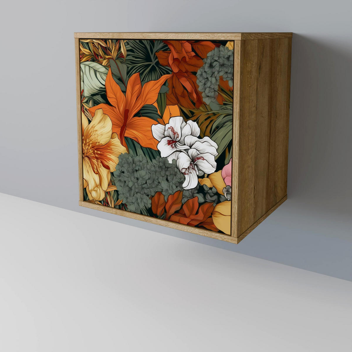 SIDEBOARD RADIANT FLORA, Eichefarben, 57,5x42x67,5 cm, Schwarze Metall-Rahmenfüße - Eichefarben/Multicolor, Holzwerkstoff/Metall (57.5/67.5/42cm) - SpaceRebels