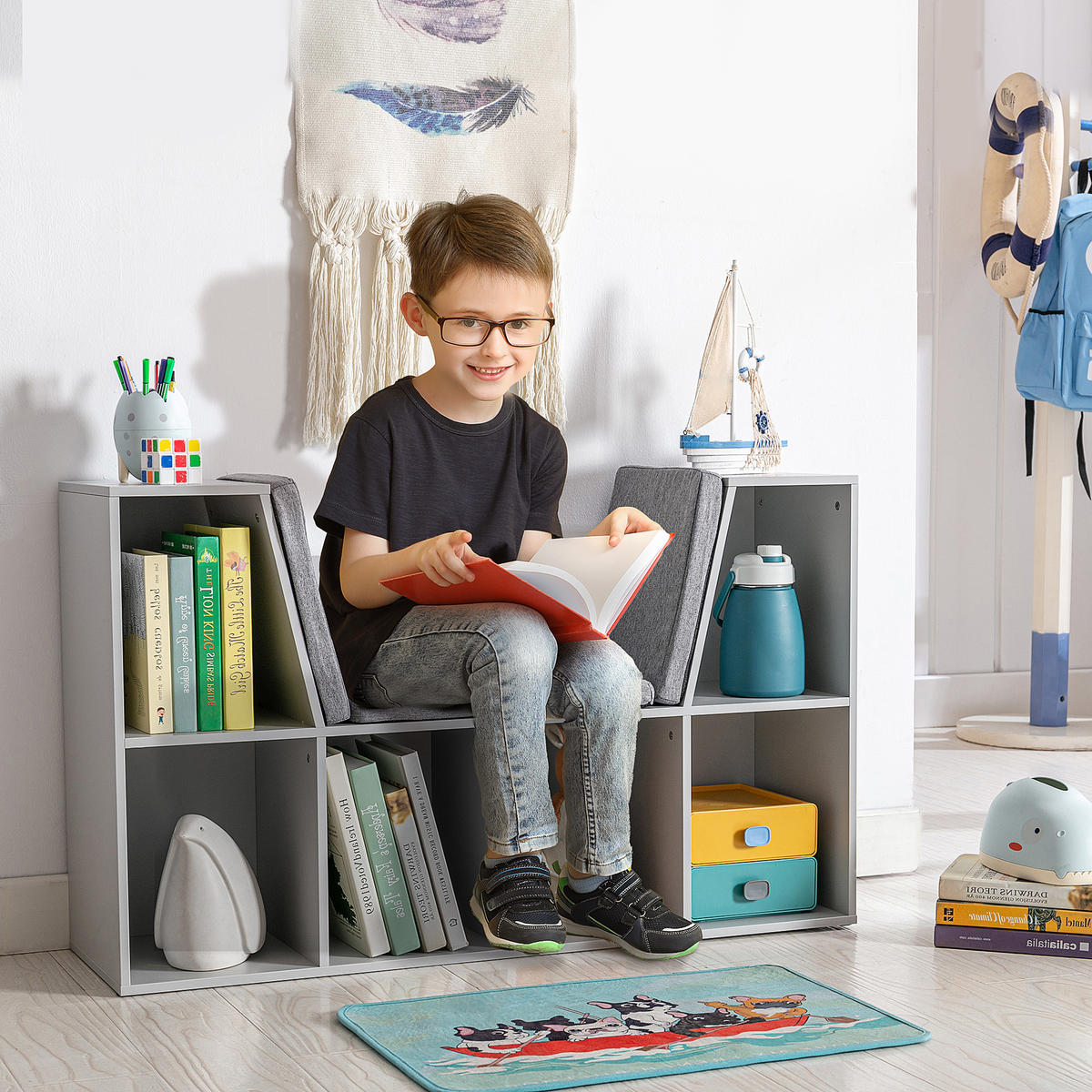 KINDERREGAL 2-in-1 Eckregal mit 6 Fächern Kindersitzbank mit Kissen Grau - Grau, Holzwerkstoff/Textil (30/62/103cm) - HOMCOM