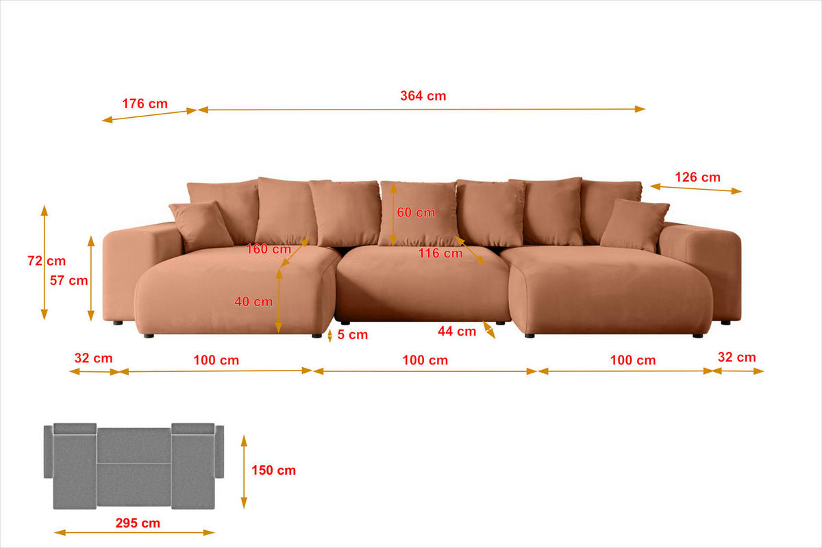 WOHNLANDSCHAFT mit Schlaffunktion ESKAR-U -364x176x84cm Koralle Velours - Koralle/Schwarz, Holzwerkstoff/Kunststoff (364/72/176cm) - ALTDECOR