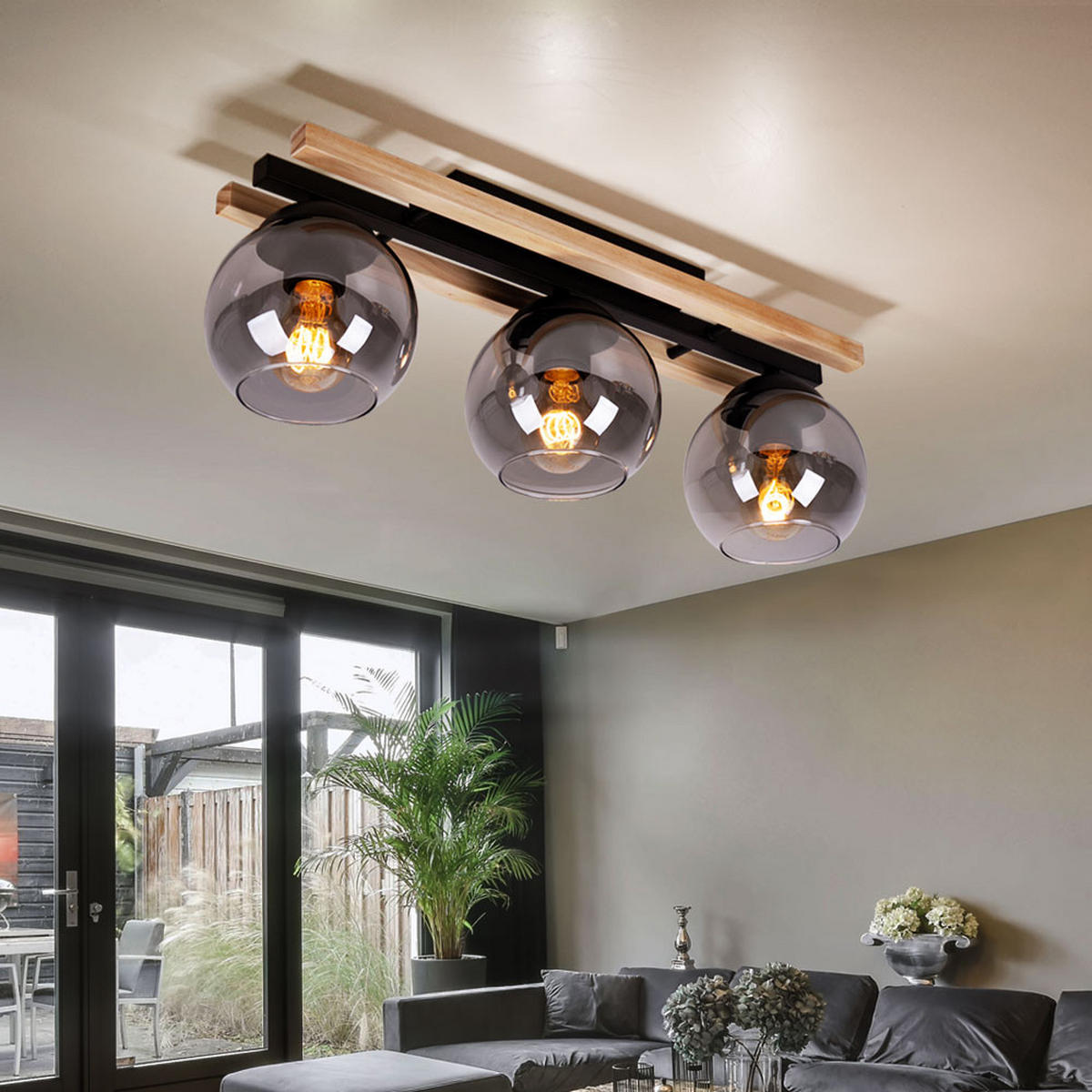 LED DECKENLEUCHTE Conni Braun Holz Glas Rauch - Braun, Glas (60/15/20.5cm) - Globo Lighting