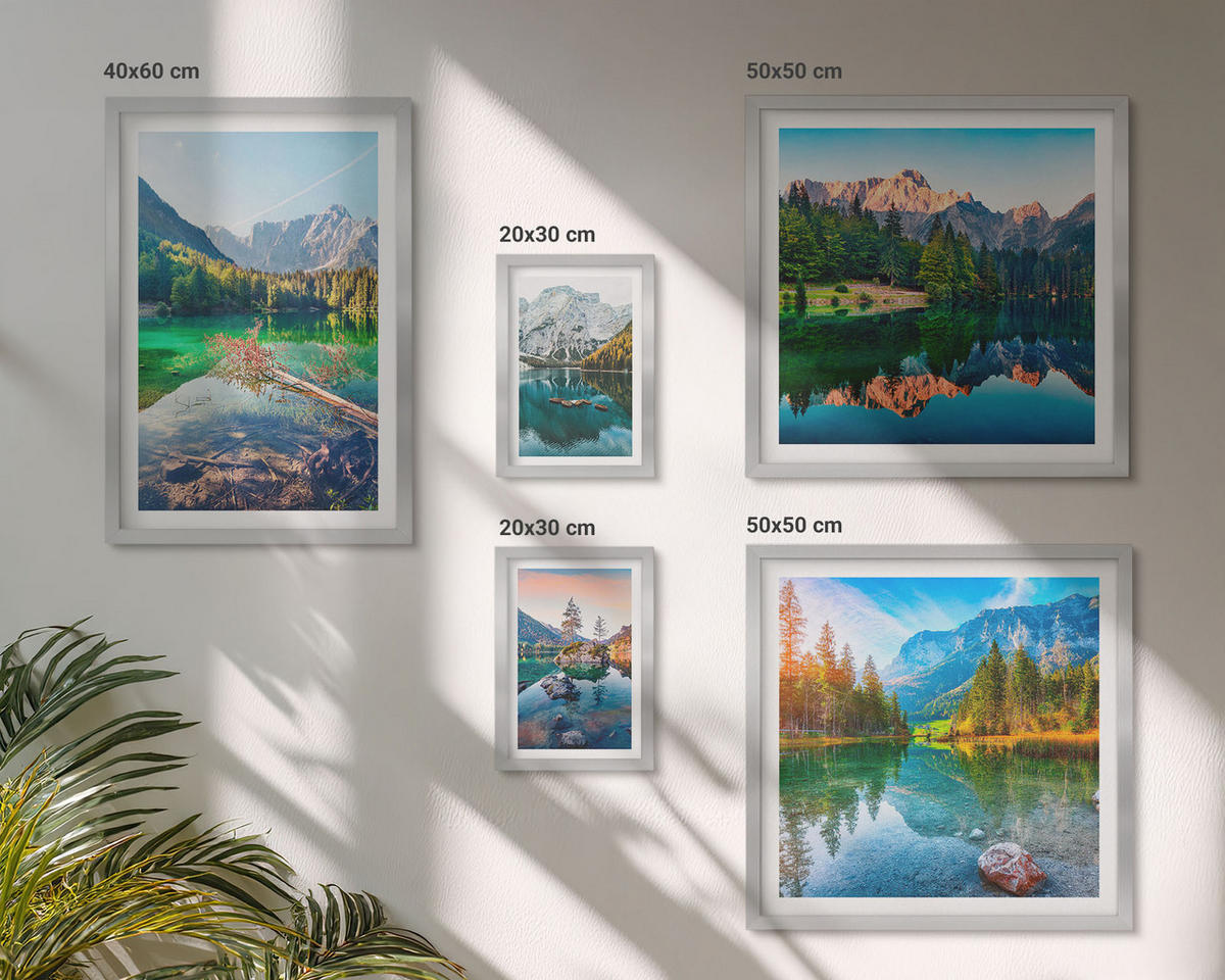 BILDER SET 5er Set - 50x50 cm & 20x30 cm & 40x60 cm Silberner Rahmen - Spiegelung des Waldes in Bergseen - Silberfarben, Kunststoff (40/60cm) - TULUP