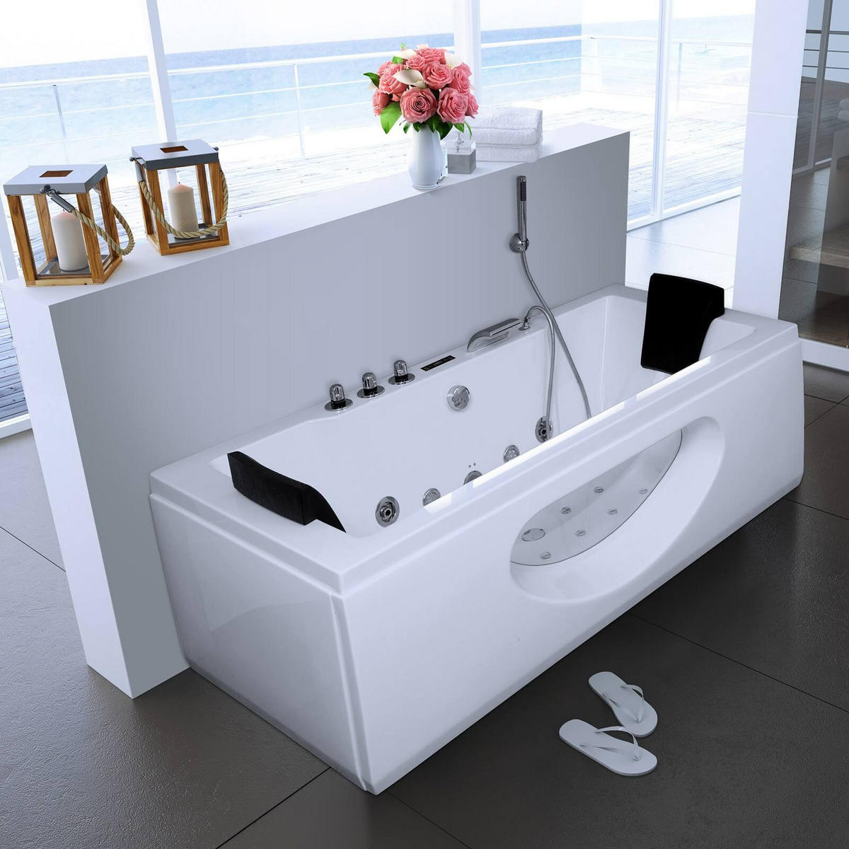 WHIRLPOOL LAGUNA M - mit Glasscheibe, 180 x 90 cm - Weiß, Keramik (180/55/90cm) - Home Deluxe