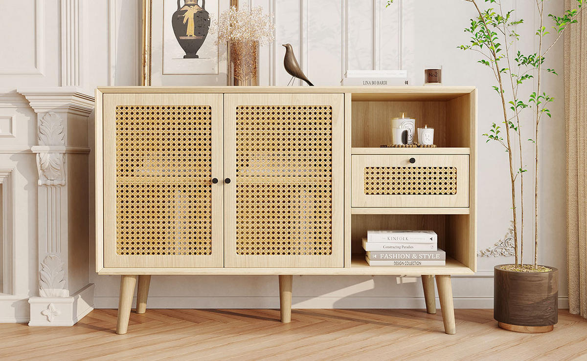 SIDEBOARD 120/40/80 cm, Eiche-Optik mit Rattan-Details, 1 Schublade und 2 magnetische Türen, verstellbare Einlegeböden, Eiche - Eichefarben, Holzwerkstoff (120/80/40cm) - Redom