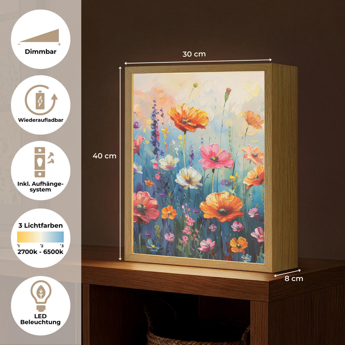 NÁSTĚNNÁ LAMPA S AKUMULÁTOREM Květiny - Příroda - Akvarel - Umění 30x40 cm - různobarevná, kompozitní dřevo (30/40/8cm) - OnlyWow