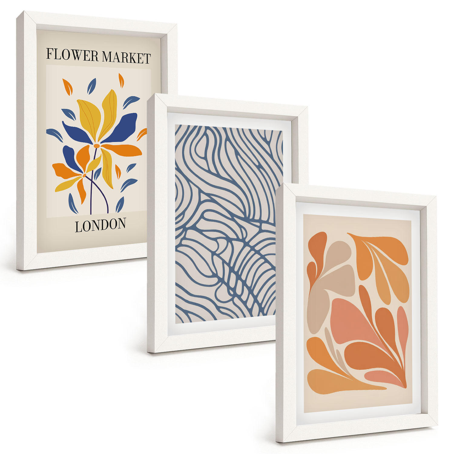 BILDER SET 3er Set - 20x30 cm Weißer Rahmen - Moderne abstrakte Blumen - Weiß, Kunststoff (20/30cm) - TULUP