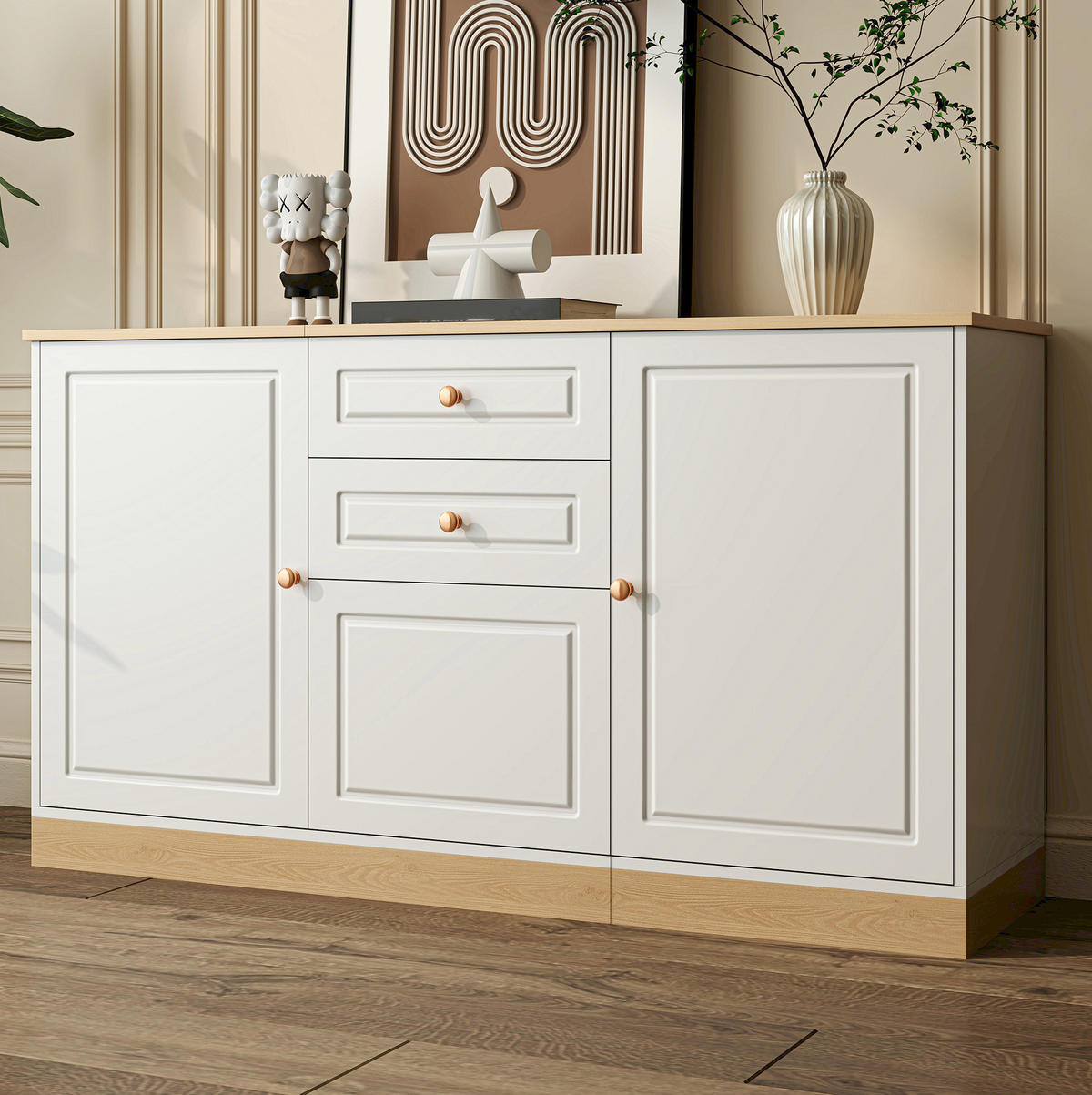 SIDEBOARD aus Spanplatte 135,5x39x76 cm Weiß und Holzoptik mit 3 Türen und 2 Schubladen - Weiß, Holzwerkstoff (135.5/76/39cm) - IVMEU