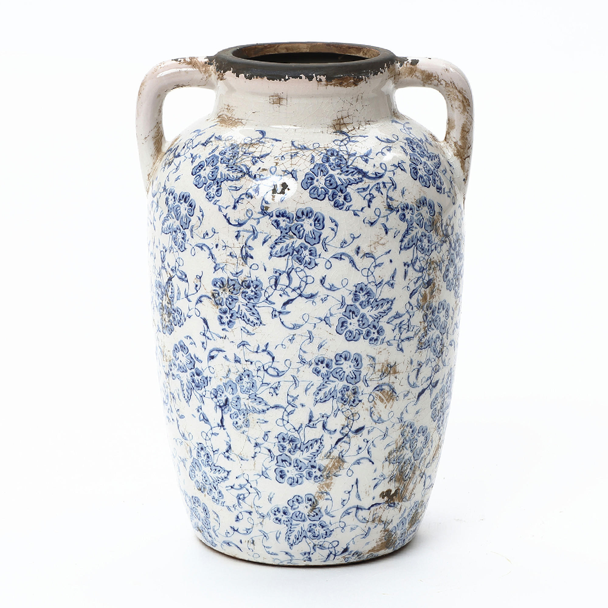 VASE Vintage, Keramik Weiß | Handbemalt, Doppelhenkel, Ø19 x H29 cm - Weiß, Keramik (29cm) - Hometopia