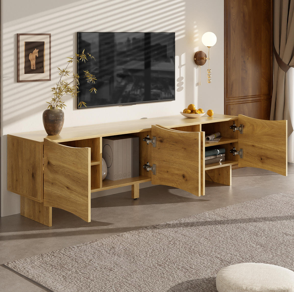 LOWBOARD 155/36/47 cm aus Spanplatte mit Wellenmuster und Kabelmanagement Naturfarben - Eichefarben, Holzwerkstoff (155/47/36cm) - Modenvie