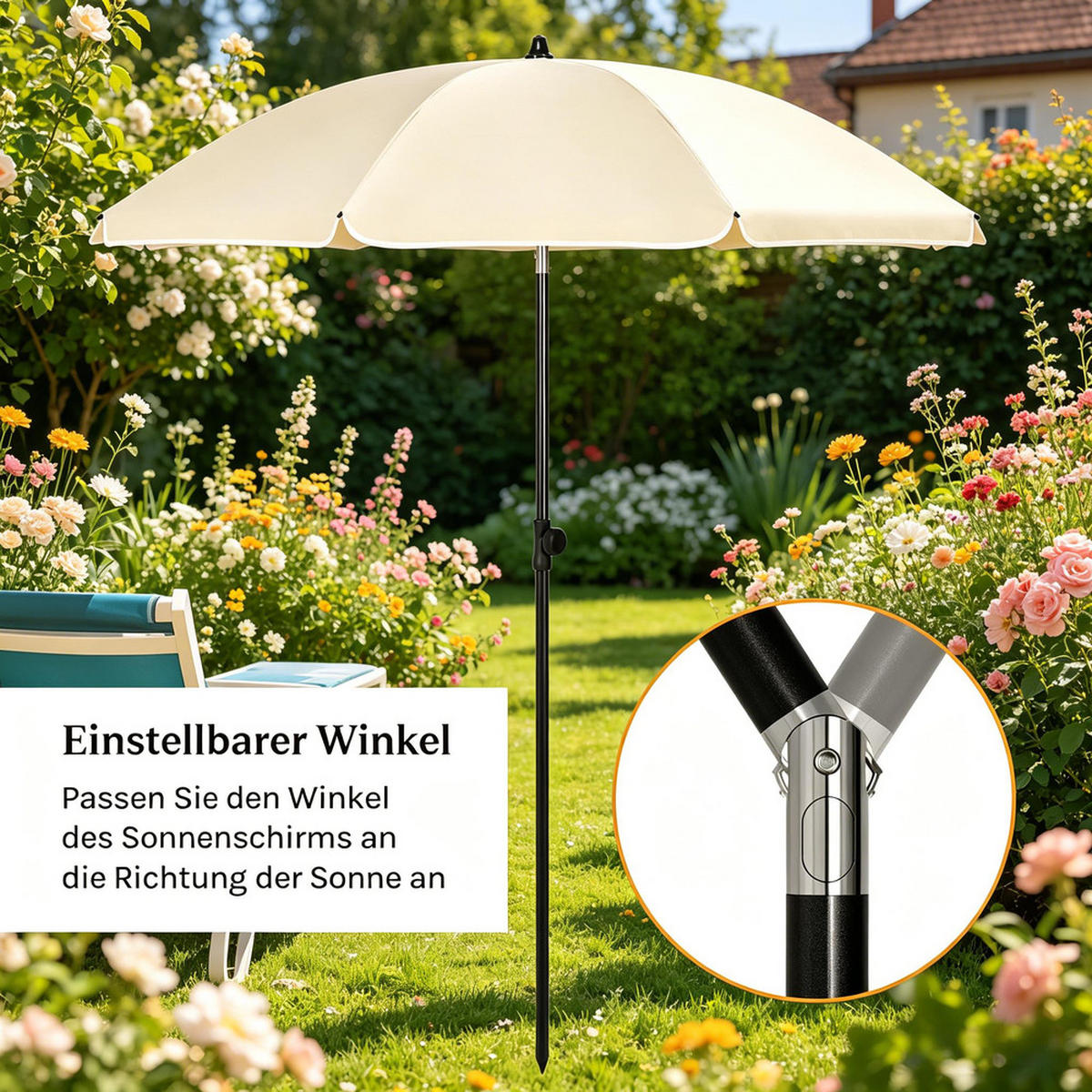 SONNENSCHIRM Klappbar Metall 175cm Neigbar Verstellbar - Beige, Textil (195/175cm) - Raelunyi