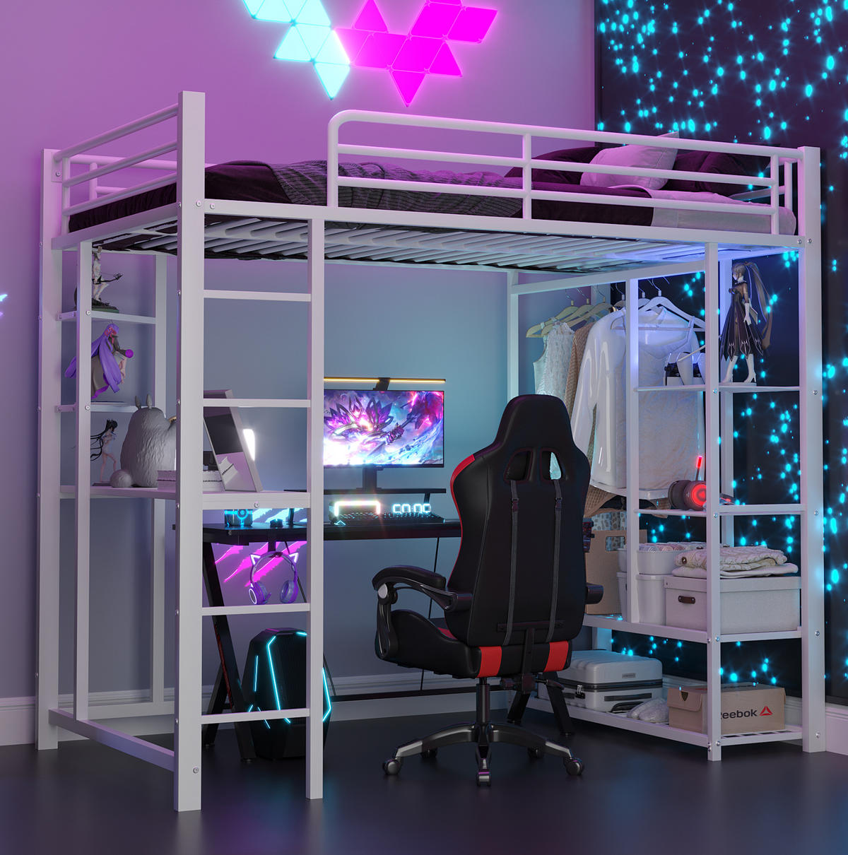 HOCHBETT 90/200 cm mit Leiter, Schreibtisch, Regal und Kleiderstange aus Metall, Weiß - Weiß, Metall (90/200cm) - Redom