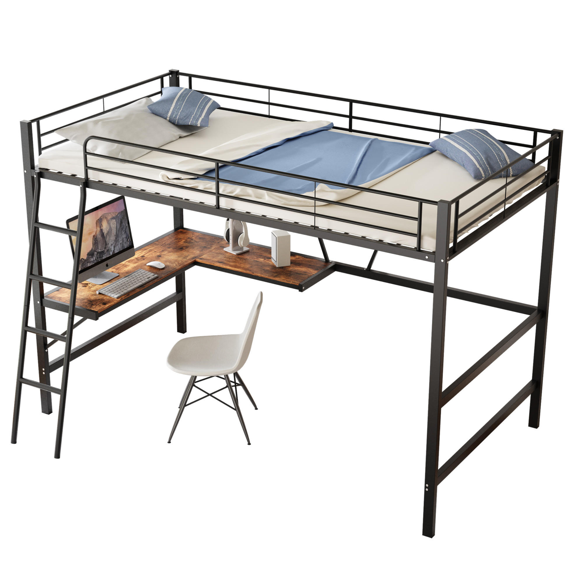HOCHBETT 90/200 cm mit L-förmigem Schreibtisch und Regal, platzsparend, Schwarz - Schwarz, Metall (90/200cm) - Redom
