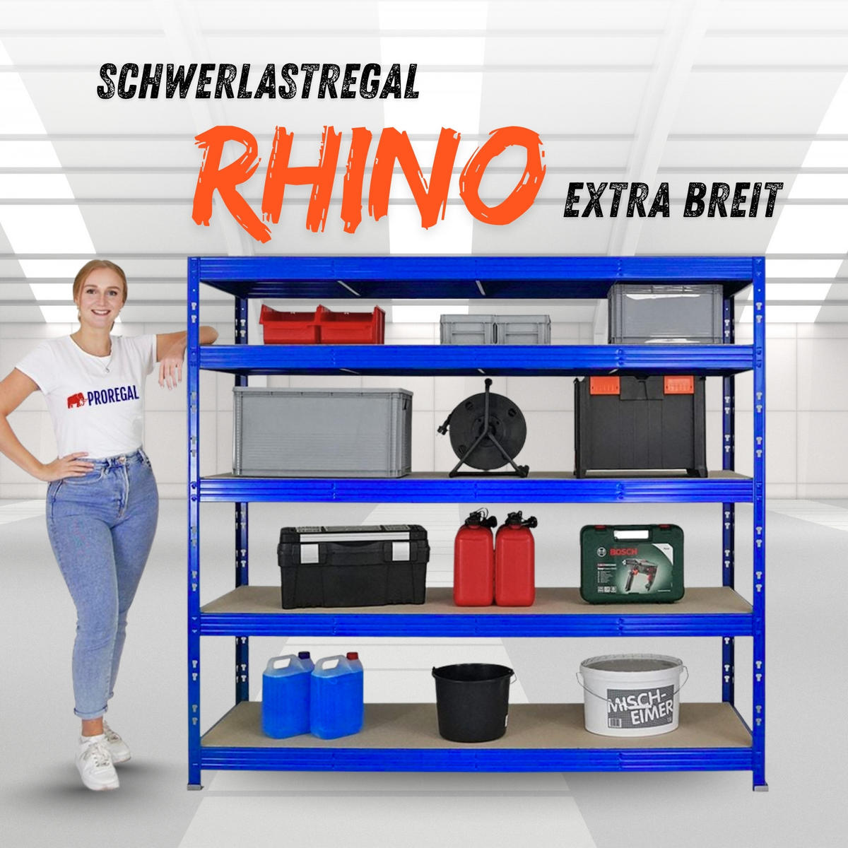SCHWERLASTREGAL Rhino 180x200x60 cm 5 Spanplatten-Ebenen 8mm Fachlast 500 kg Blau - Blau, Metall (200/180/60cm) - PROREGAL