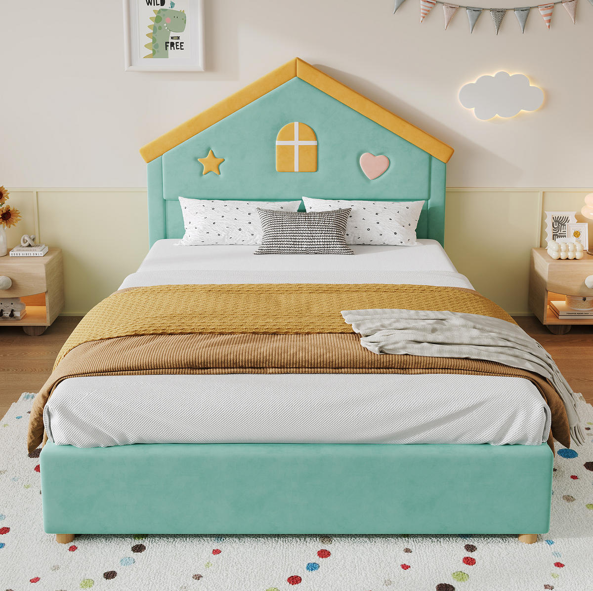 KINDERBETT aus Samt 140x200 cm Blaugrün mit 4 Schubladen, Haus-Design und gepolstertem Kopfteil - Blau, Textil (140/200cm) - Modfu