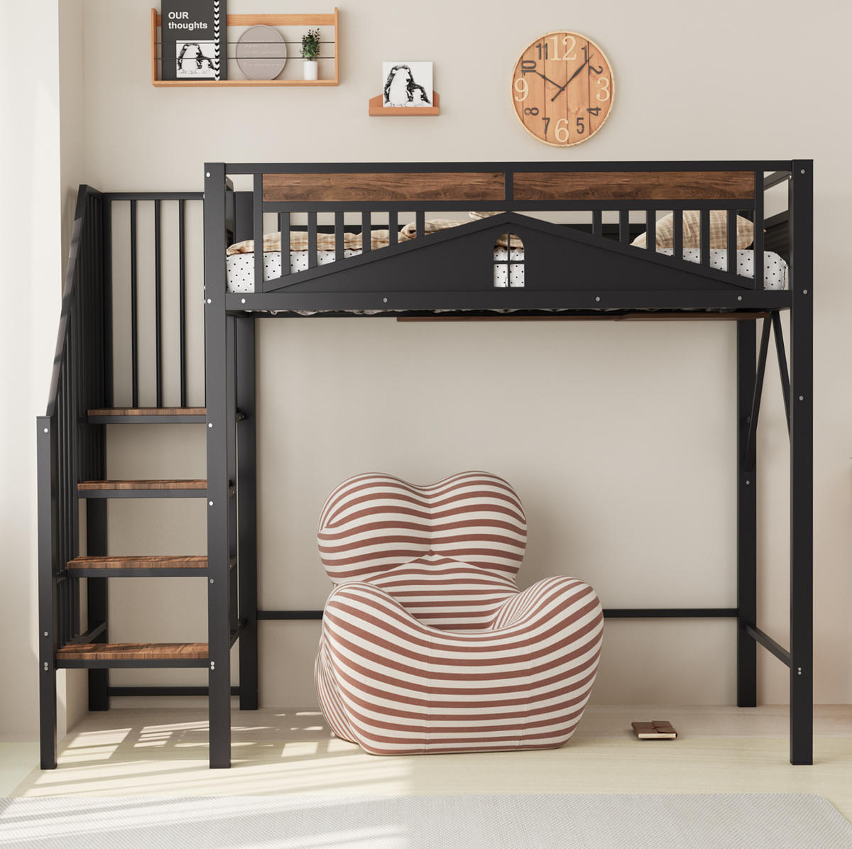 HOCHBETT 90/200 cm aus Metall mit Sicherheitsleiter, Stauraum und Fenster-Design, Schwarz - Schwarz, Metall (90/200cm) - Redom