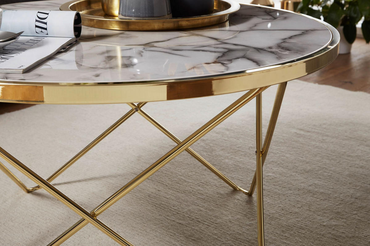 COUCHTISCH in Marmor-Optik mit filigranem Metallgestell in Gold - Goldfarben, Holz/Metall (85/85/49cm) - KADIMA DESIGN