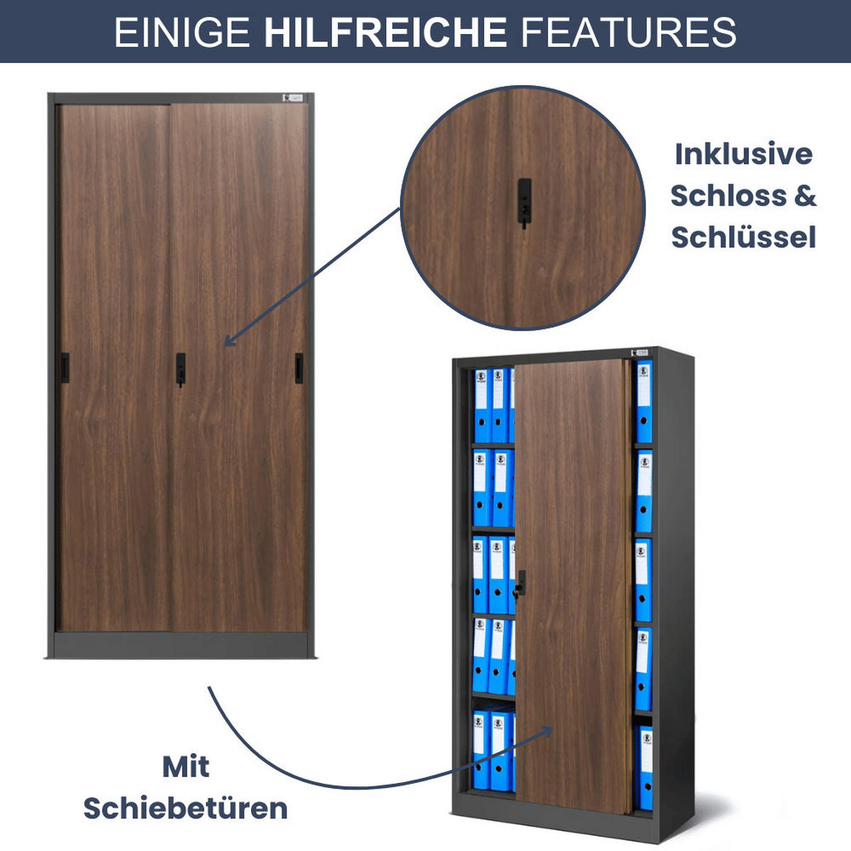 AKTENSCHRANK abschließbar ROLF mit Schiebetüren 185x90x40cm Anthrazit-Nussbaum - Anthrazit, Metall (90/185/40cm) - DELUKE