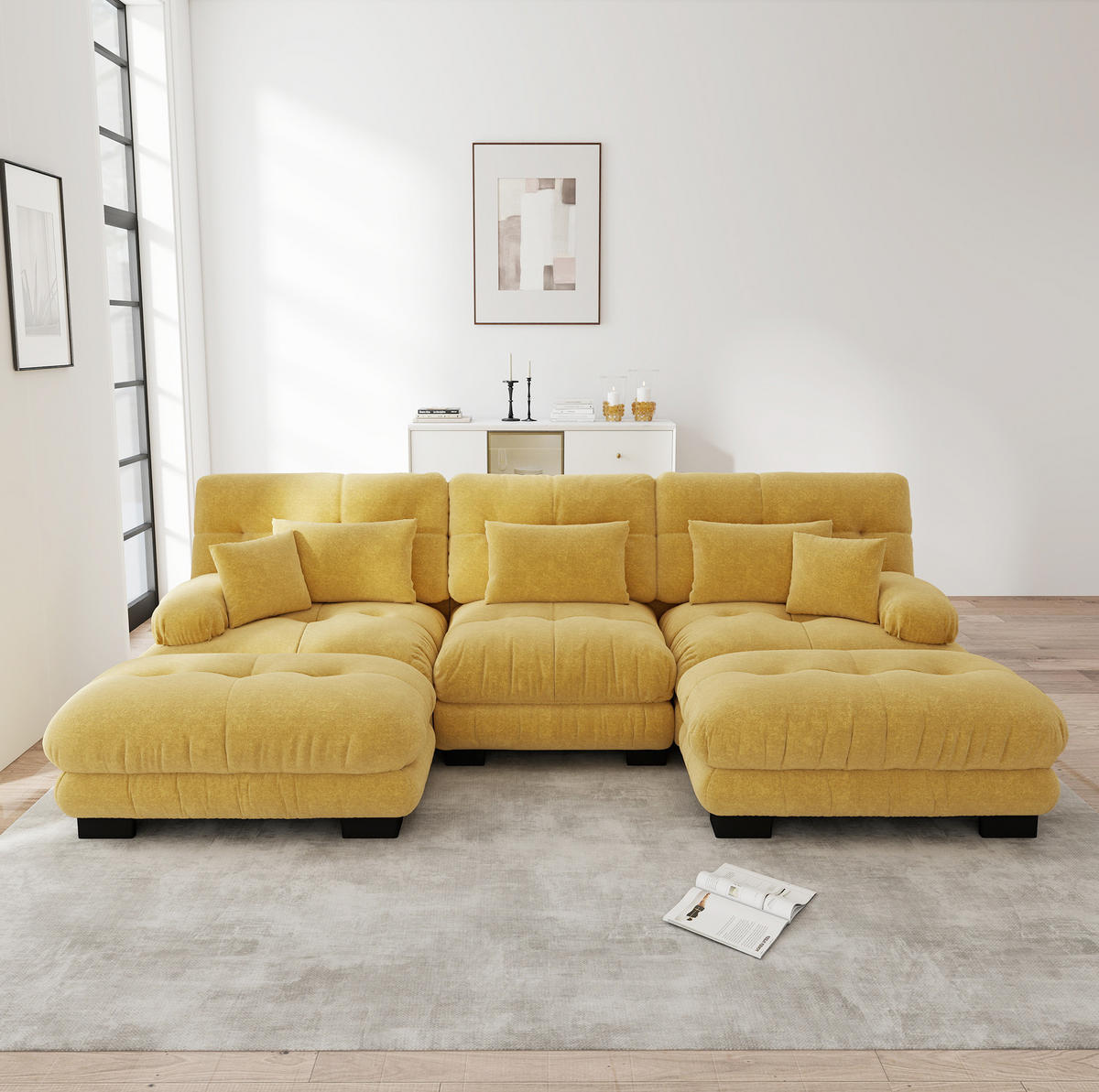 SOFA modular mit Ottomane U-/L-Form Chenille Gelb - Gelb, Kunststoff (145/81/313.1cm) - Meubliv