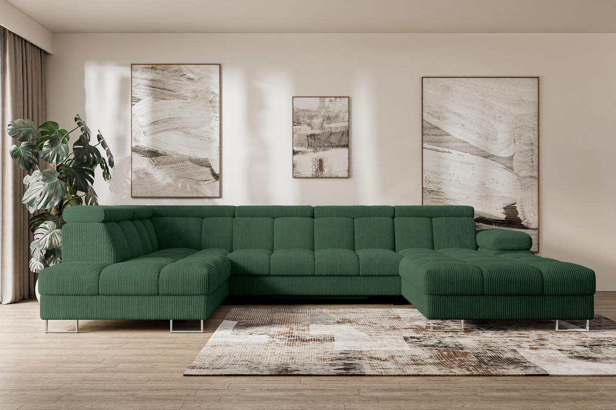 WOHNLANDSCHAFT mit Schlaffunktion und Bettkasten Ottomane Links COMA U 345x203x79 Grün Cord - Waldgrün, Holzwerkstoff/Textil (345/79/203cm) - ALTDECOR