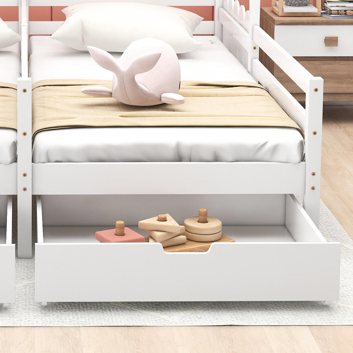 HAUSBETT 90/200 cm Weiß mit 2 MDF-Schubladen und Gitterzaun - Weiß, Holz (90/200cm) - OKWISH
