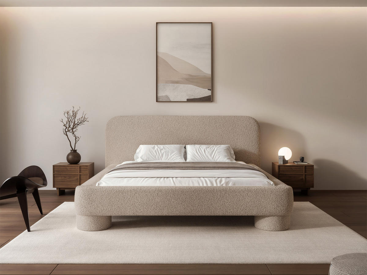POLSTERBETT Frederico 140x200 cm Beige Bouclé – (Doppelbett mit Bettkasten, Lattenrost, rundes Kopfteil) - Beige, Holz/Holzwerkstoff (140/200cm) - Ravio