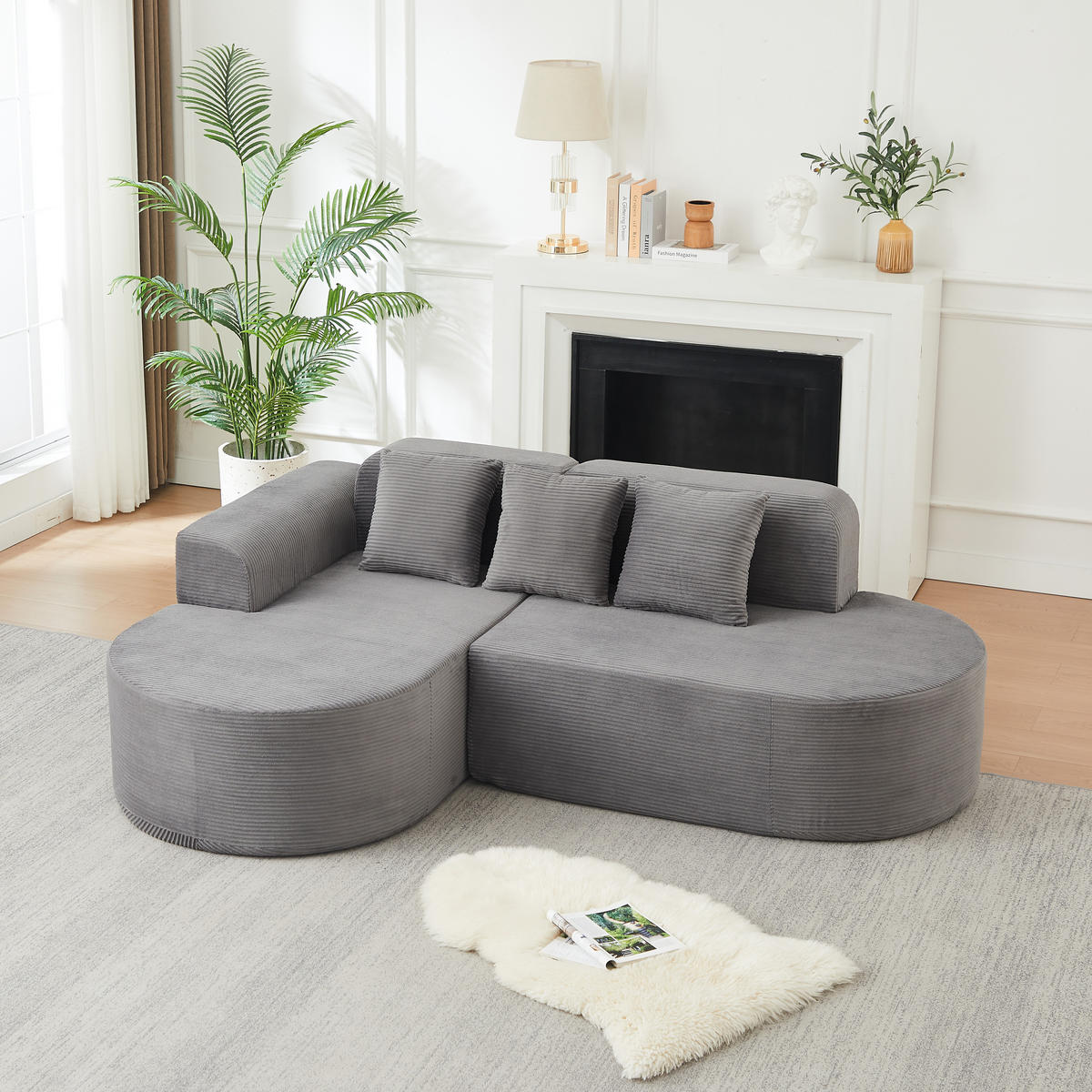 ECKSOFA 220/155/70 cm Grau Cord mit 3 Kissen, Linke Seite - Grau, Textil (220/155cm) - Oxeza