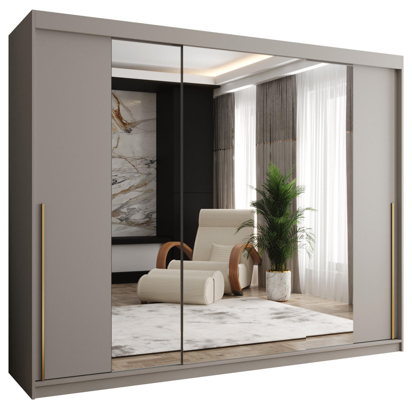 SCHIEBETÜRENSCHRANK mit Spiegel 250 cm Breite Kaschmir mit Goldgriff - Kaschmir/Goldfarben, Holzwerkstoff (250/200/62cm) - Home Collective