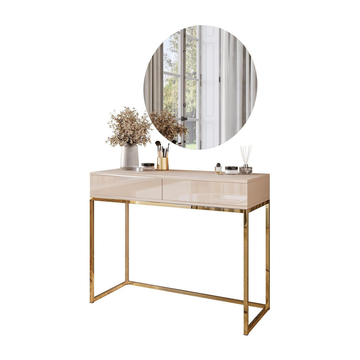 SCHMINKTISCH Blanco Glamour auf goldchrom Gestell mit LED-Spiegel PUSH OPEN - Kaschmir/Goldfarben, Holzwerkstoff (100/81/42cm) - Lookway