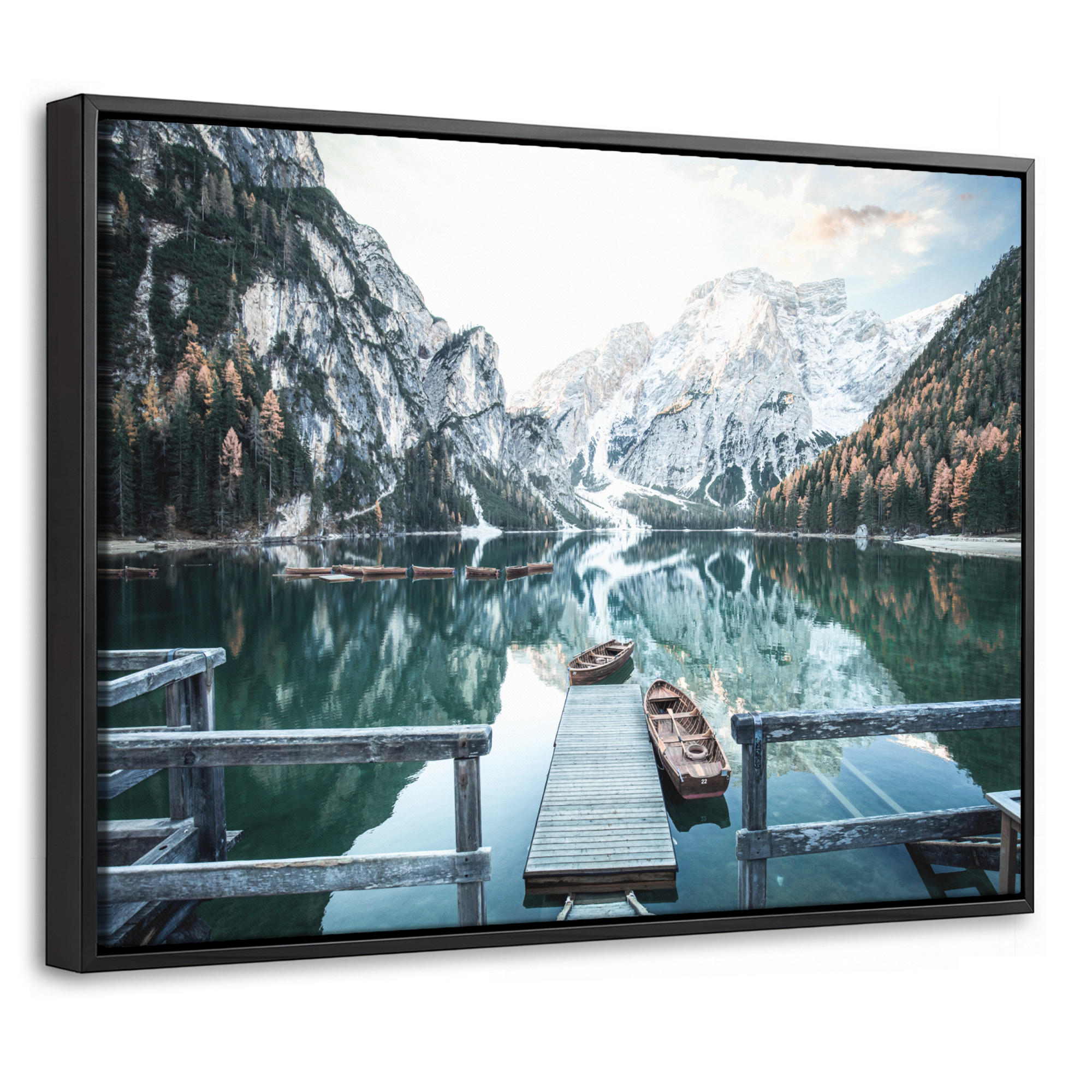 LEINWAND Bilder mit Rahmen - Natur - Berge - Schnee - Wald - Boot - 40x30 - Hellgrün, Textil (40/30cm) - MuchoWow