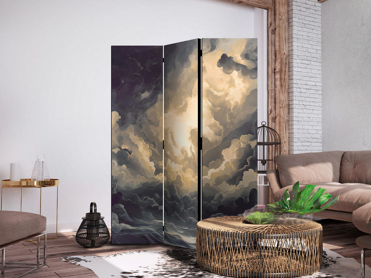 PARAVENT Akustik 3-tlg 135x172 cm Wolkenhimmel mit 3D Effekt - Multicolor, Holz/Textil (135/172/3cm) - Muralo
